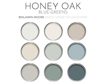Honey Oak Blue Greens Benjamin Moore Paint Palette, Paint Colors for Home, Modern Neutrals, Color Scheme, Colors for Honey Oak, Swiss Coffee