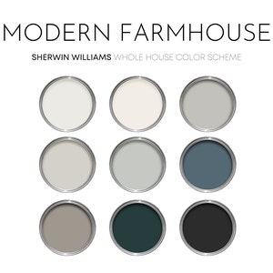 Modern Farmhouse Sherwin Williams Paint Palette, Modern Neutral Interior Colors, Whole House Color Scheme, Silverplate