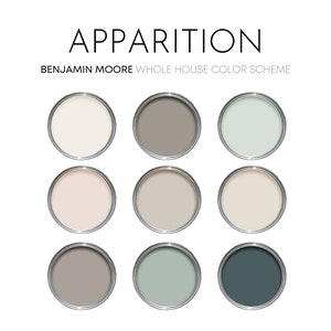 Apparition Benjamin Moore Paint Palette, Modern Interior Paint Colors for Home, Apparition Compliments, Neutral Color Scheme, Wythe Blue