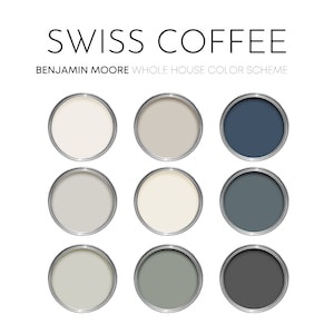 Swiss Coffee Benjamin Moore Paint Palette, Modern Neutral, Cabin Color Scheme, Lake House, Warm Neutrals, Swiss Coffee Compliments