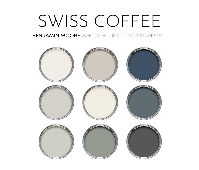 以下が含まれることがあります： 3x3のグリッドに配置された9つのペイント缶の蓋で、Benjamin Mooreの「Swiss Coffee」の家の配色を紹介しています。色はオフホワイトとベージュから濃い青とグレーグリーンまであり、上部に「SWISS COFFEE」の文字があります。