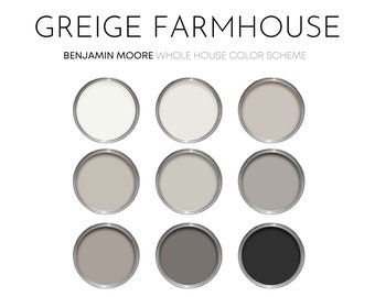 Paleta de pintura Benjamin Moore Greige Farmhouse, colores de pintura para interiores del hogar, tonos neutros más vendidos, grises cálidos, London Fog