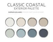 Classic Coastal Exterior Sherwin Williams Paint Palette, Coastal Exterior Paint Colors, Beach House Exterior Scheme, Classic Palette