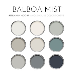 Balboa Mist Benjamin Moore Paint Palette, Modern Neutral Interior Paint Colors for Home, Balboa Mist Compliments, White Dove