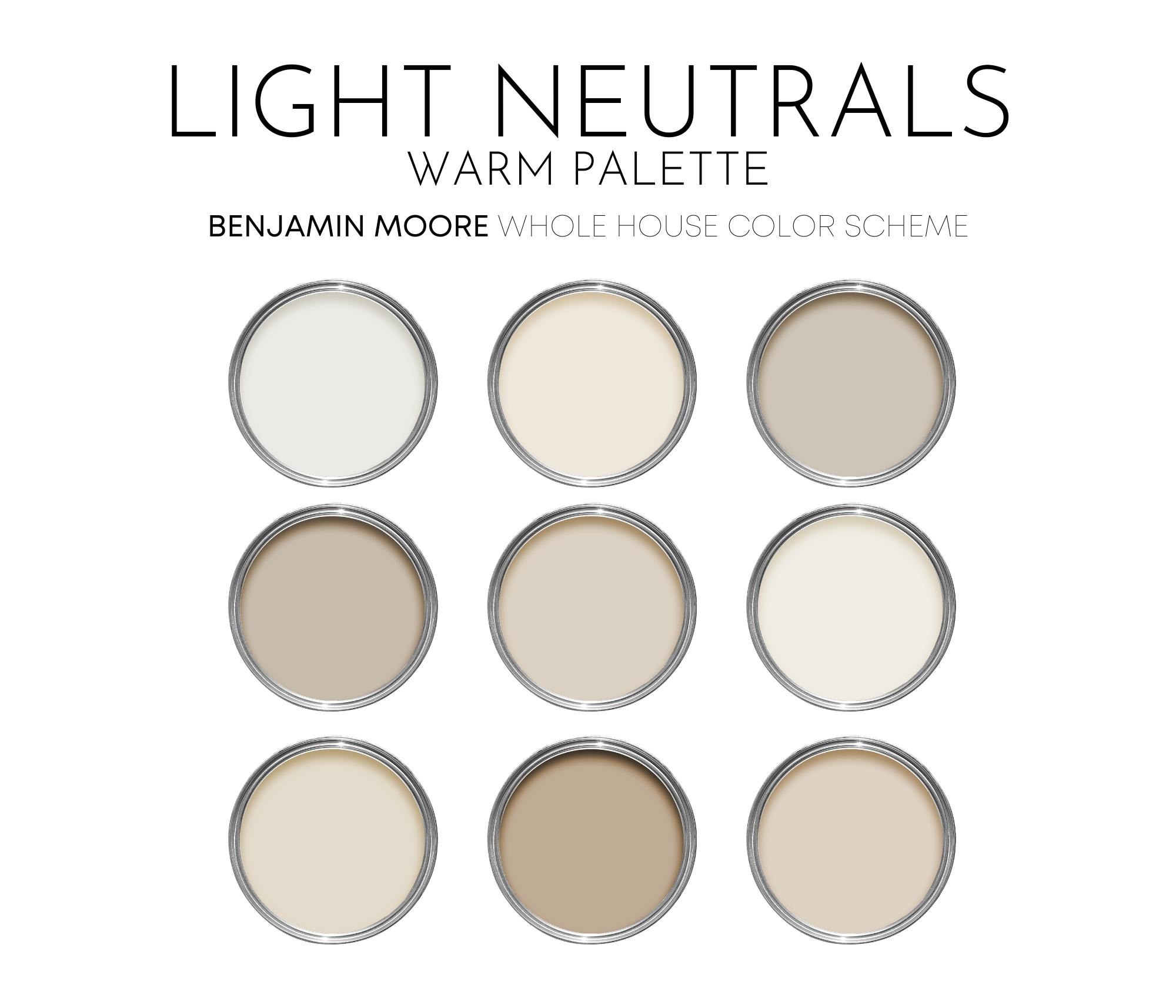 Light Warm Neutrals Benjamin Moore Paint Palette, Modern Neutral Calm Cozy Interior Paint Colors for Home, Color Scheme, Pensive