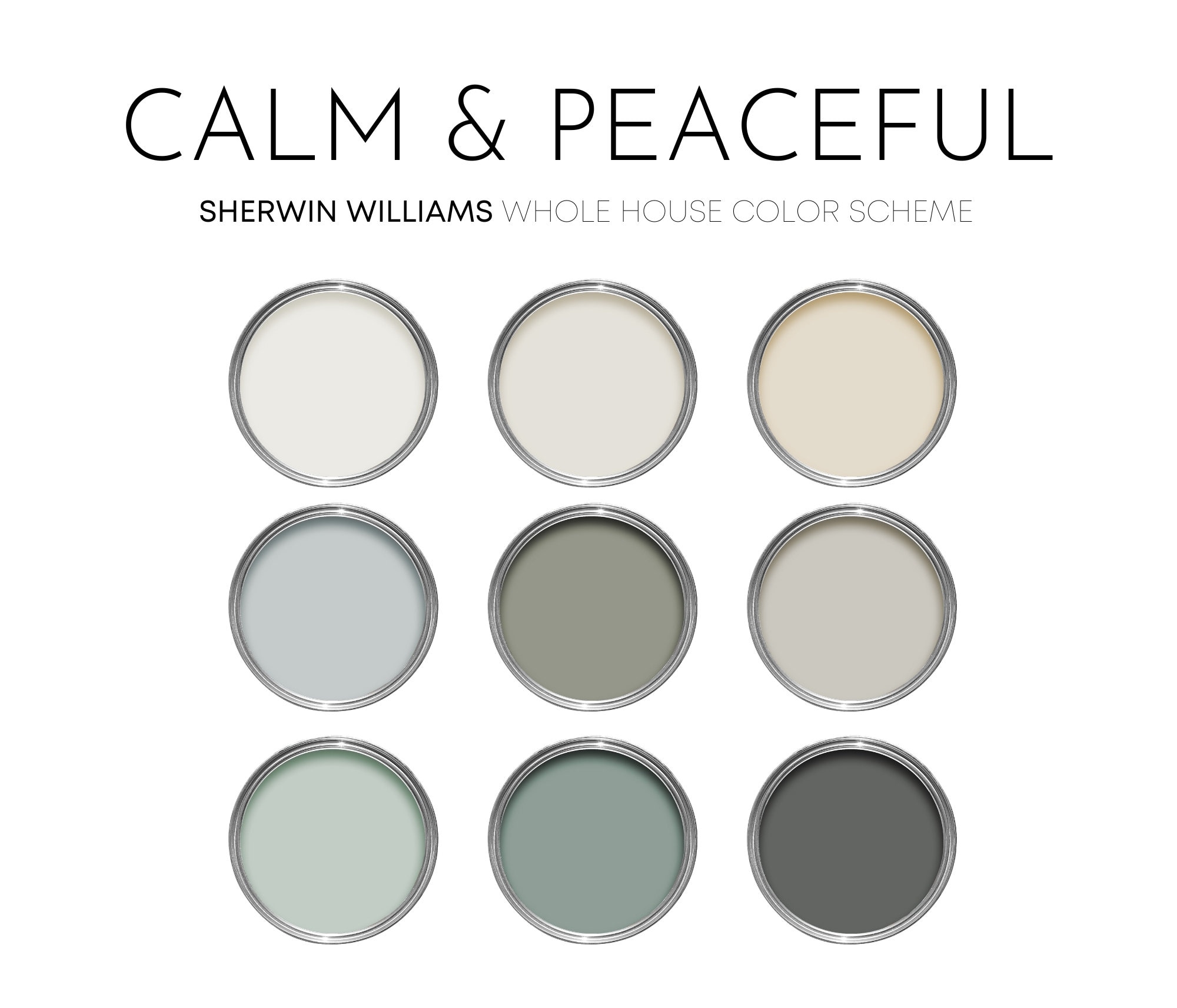 Calm and Peaceful Sherwin Williams Paint Palette, Modern Neutral Calm Coastal Interior Paint Colors for Home, Color Scheme, Neutral Ground