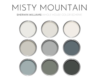 Misty Mountain Sherwin Williams Paint Palette, Interior Paint Colors for Home, Interior Design Paint Scheme,  Front Door Colors, Retreat