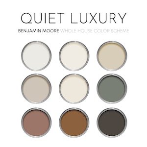 Quiet Luxury Benjamin Moore Paint Palette, Paint Colors for Home, Modern Neutrals, Color Scheme, Smokey Taupe  Compliments, Earth Tones