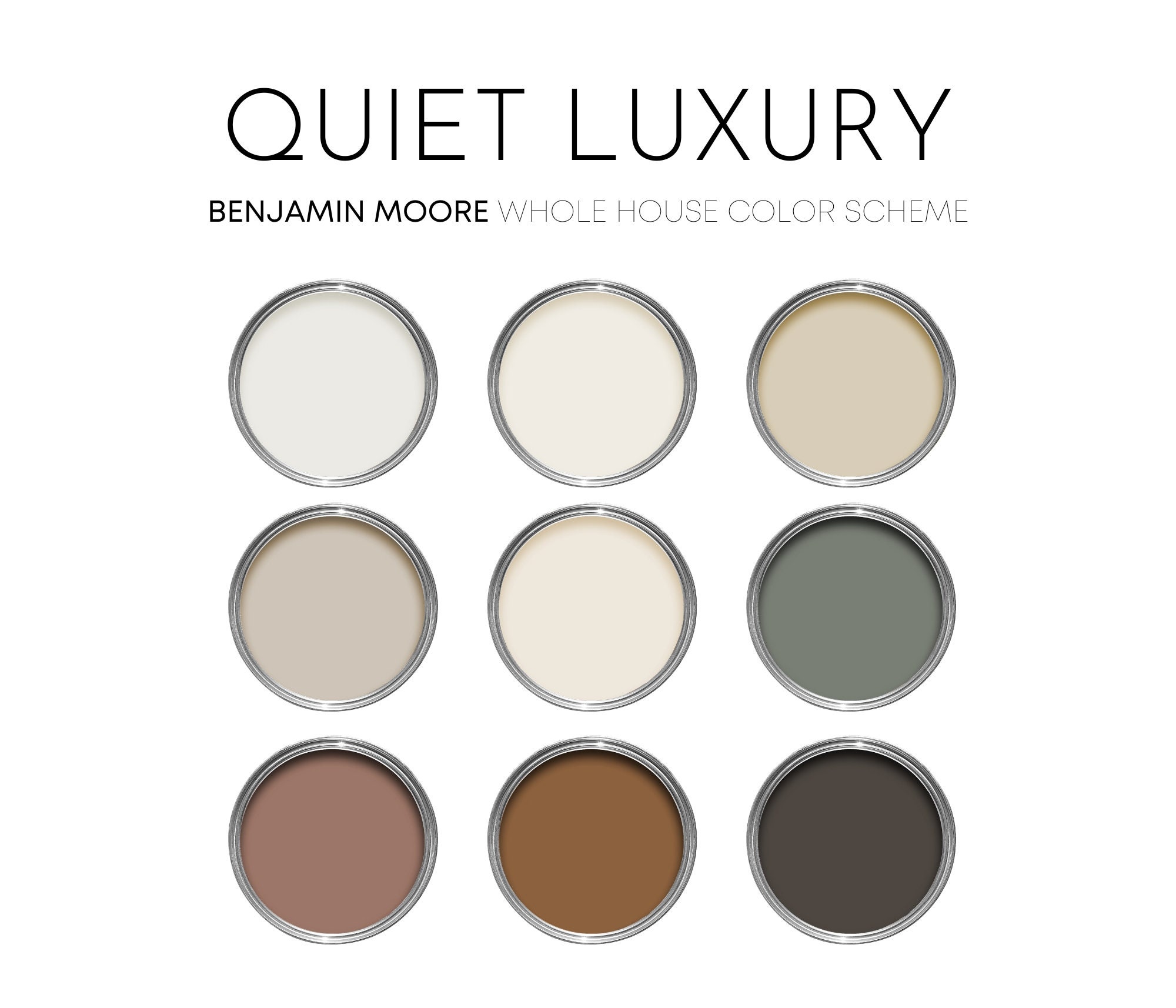 Leiser Luxus Benjamin Moore Farbpalette, Lackfarben für Zuhause, moderne Neutrale, Farbschema, Smokey Taupe Komplimente, Erdtöne