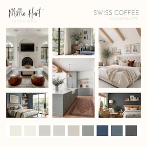 以下が含まれることがあります： Millie Hart Interiorsによる「Swiss Coffee」というタイトルのカラーパレット。リビングルーム、キッチン、ベッドルームなど、ニュートラルな色調の部屋でインテリアデザインのインスピレーションを紹介しています。カラーサンプルは下部に表示されています。