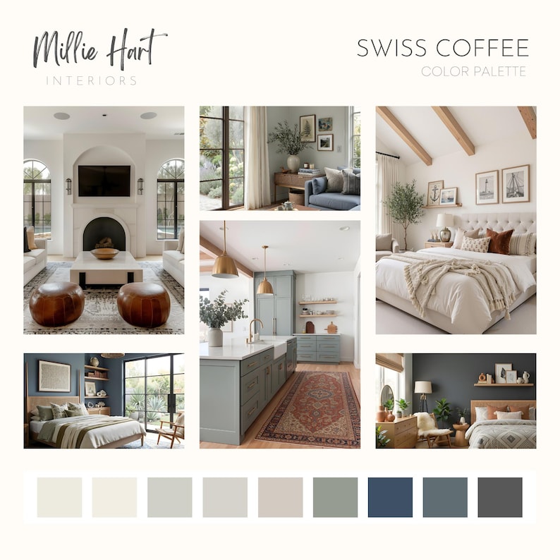 以下が含まれることがあります： Millie Hart Interiorsによる「Swiss Coffee」というタイトルのカラーパレット。リビングルーム、キッチン、ベッドルームなど、ニュートラルな色調の部屋でインテリアデザインのインスピレーションを紹介しています。カラーサンプルは下部に表示されています。