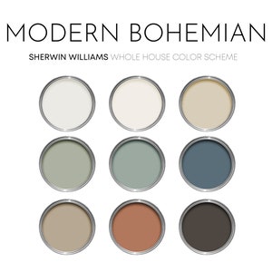 Moderne Boho Sherwin Williams Farbpalette, Innenfarben für Zuhause, Innenanstrichschema, Boho-Farbschema, Wollstrang