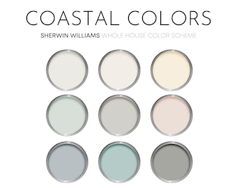 Paleta de pintura Sherwin Williams de Coastal Colors, colores de pintura para el hogar, tonos neutros para cabañas, esquema de colores para toda la casa, colores para casas de playa, colores acuáticos