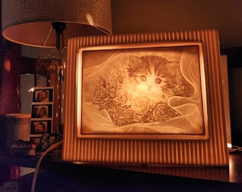 Vintage 1980s Kitten Lithophane Lamp: Bisque Porcelain Cat Decor