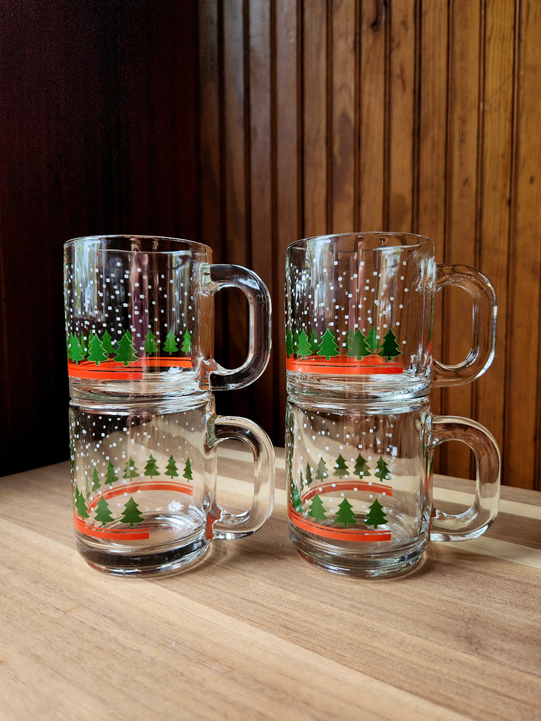 Christmas Glass Coffee Mugs Set of 4, 12 oz Glass Double with