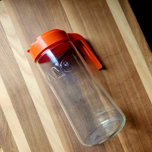 Vintage 1970&#39;s TANG Glass Juice Drink Pitcher Carafe Anchor Hocking - Retro Kitchen - Orange - 32 oz