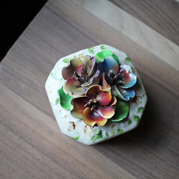 Vintage Capodimonte Porcelain Flower and Leaf Hand Painted Trinket Jewelry Box with Lid - Made in Italy