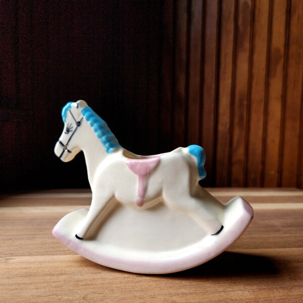 Vintage 1950's MCM Baby Rocking Horse Porcelain Ceramic Delicate Hand Painted Planter with Blue and Pink Details