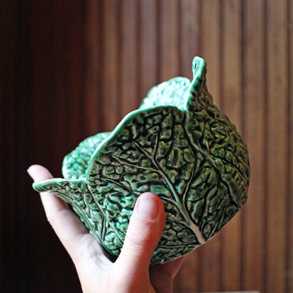 Vintage 1970's Textured Green and White Cabbage Ceramic Tureen Bowl Planter - No Lid