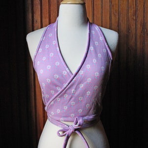 Vintage Inspired HANDMADE Halter Double Knit Wrap Top - Black and White Mod Flowers and Stripes - Size Medium
