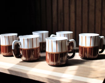 Vintage 1970's Brown and White Half and Half Ceramic Mugs - Set of Six