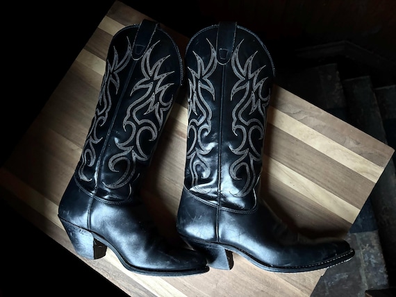 Vintage TEXAS Tall Black Leather Stitched Shaft Heeled Western Cowboy Boots - Women's Size 6