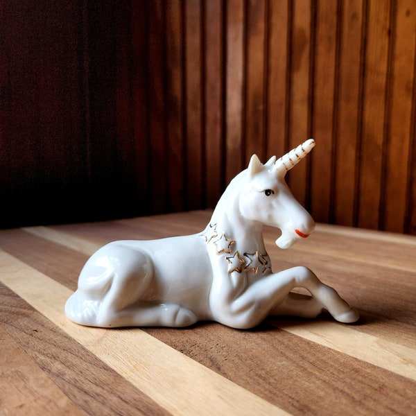 Vintage Ceramic Unicorn Figurine with a Gold Star Necklace - 1980's Porcelain China