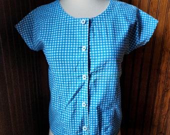 Blusa xadrez vintage dos anos 80: blusa azul e branca com botões florais, tamanho pequeno