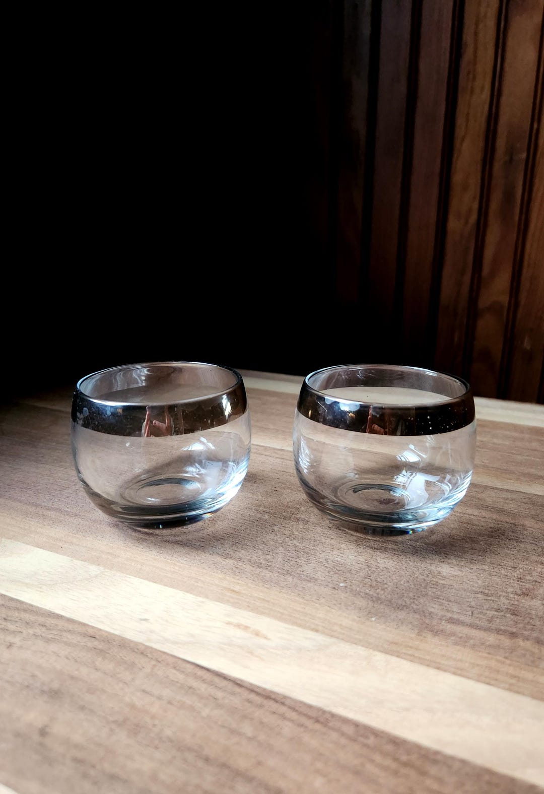 Vintage 1960's Dorothy Thorpe Style Silver Banded Rimmed Rocks Glasses ...