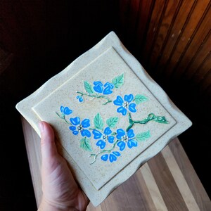 Vintage 1960&#39;s Blue Floral Hand Painted Ceramic Trivet or Wall Hanging - Retro Kitchen
