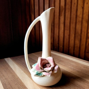 Vintage 1950&#39;s Pink Rose Floral Porcelain Ceramic Delicate Hand Painted Vase Ewer with Handle Details