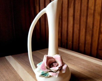 Vintage 1950's Pink Rose Floral Porcelain Ceramic Delicate Hand Painted Vase Ewer with Handle Details