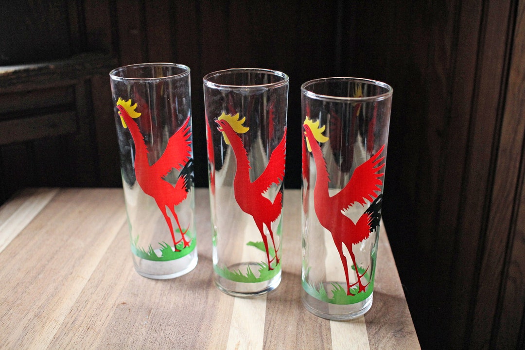Vintage 1950's MCM Rooster Federal Glass Tall Highboy Beverage Glasses