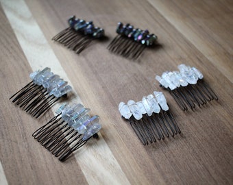 Handmade Mini Crystal Hair Comb - White Quartz / Smokey Quartz / Black Quartz - Large Hair Pick - Bridesmaid or Bridal