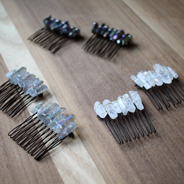 Handmade Mini Crystal Hair Comb - White Quartz / Smokey Quartz / Black Quartz - Large Hair Pick - Bridesmaid or Bridal