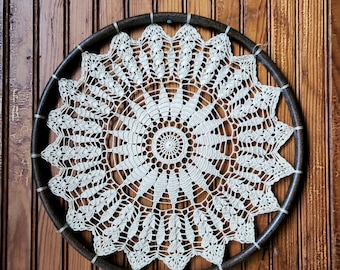Vintage Handmade Doily and Wood Circular Wall Hanging Art - Delicate Crochet Art - Bohemian Style