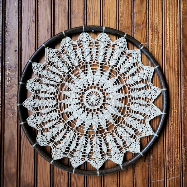 Vintage Handmade Doily and Wood Circular Wall Hanging Art - Delicate Crochet Art - Bohemian Style