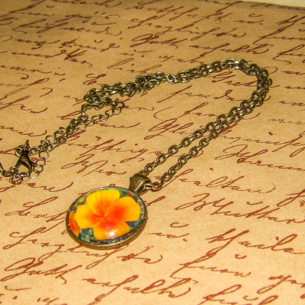 Golden Poppy Flower Circle Brass Bronze Pendant Necklace with Chain