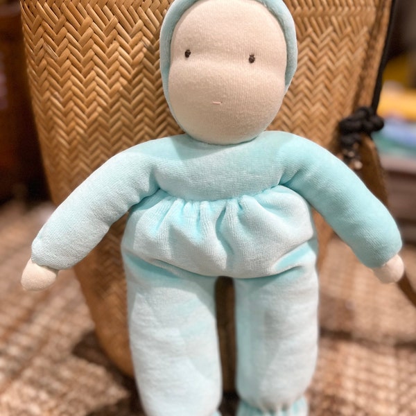 Waldorf-inspired baby doll in green/blue velour and real wool stuffings