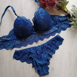 Azul Blue Lace Push up Bra and thong set