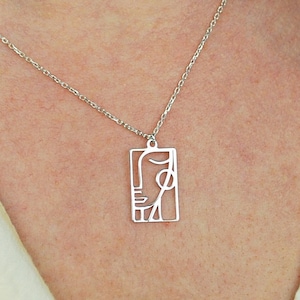 Abstract Woman Face Sterling Silver Necklace, Silver Picasso Woman Face Pendant, Female Face Line Art Necklace, Face Outline Necklace