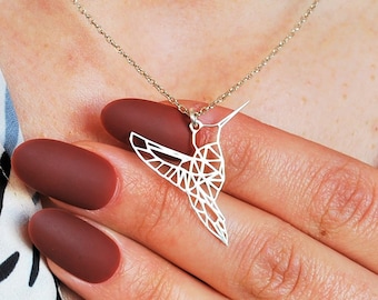 Silver Hummingbird Necklace, Origami Bird Necklace, Geometric Hummingbird Pendant, Bird Jewelry, Origami Necklace, Silver Bird Necklace