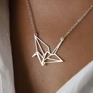 Origami Crane Necklace, Silver Crane Bird Necklace, Origami Bird Jewelry, Minimalist Crane Charm Necklace, Birdy Pendant