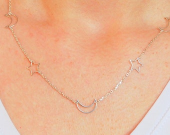 925K Silver Celestial Charm Necklace, Dainty Moon and Star Necklace, Simple Celestial Jewelry, Unique Minimalist Necklace, Modern Jewelry