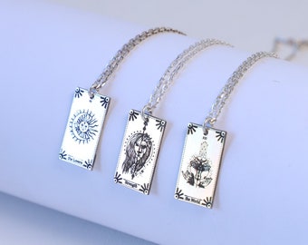 925 Sterling Silver Tarot Card Necklace, Engraved Tarot Necklace, Strength Tarot Necklace, Tarot Card Jewelry, Spritual Necklace
