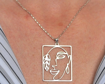 Sterling Silver Minimalist Face Art Line Necklace, Dainty Silver Pendant, Everyday Necklace, Unique Jewelry, Modern Art Necklace