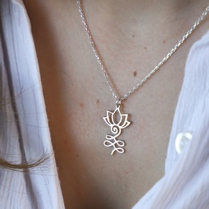 Short Unalome & Lotus Flower Pendant Necklace, Sterling Silver Meditation Necklace, Silver Lotus Flower Necklace, Yoga Pendant, Lotus Flower
