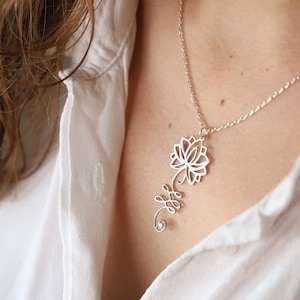 Sterling Silver Dainty Lotus Necklace, Unalome Silver Necklace, Lotus Pendant, Spiritual Jewelry, Everyday Necklace, Yoga Necklace