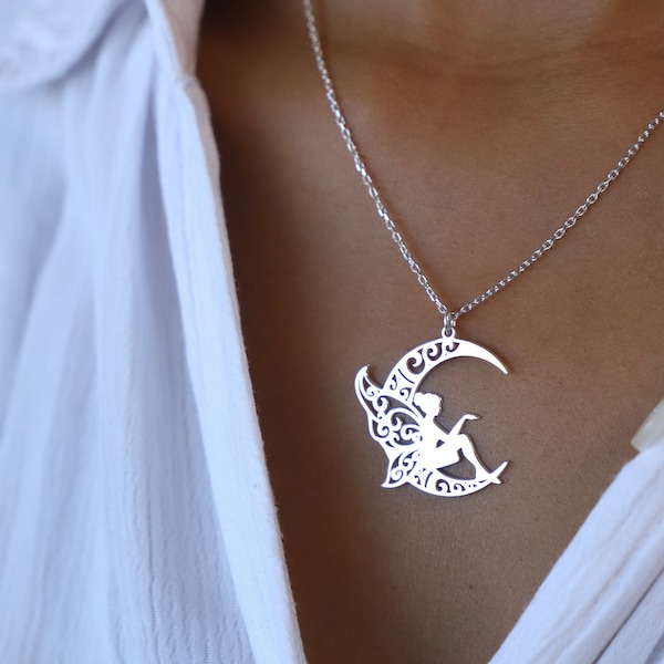 Sterling Silver Fairy on Moon Necklace, Fairy Necklace, Pixie on the Moon Pendant, Dainty Fairy Moon Necklace, Silver Crescent Moon