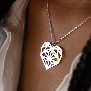 Silver Heart Origami Necklace, Geometric Design Heart Pendant, Origami Open Heart Necklace, Love Charm Necklace, Heart Pendant Necklace